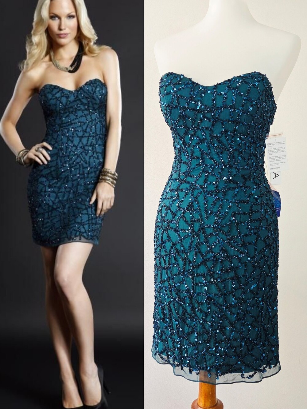 Scala Strapless Beaded Silk Teal Mini Dress Party Size 6